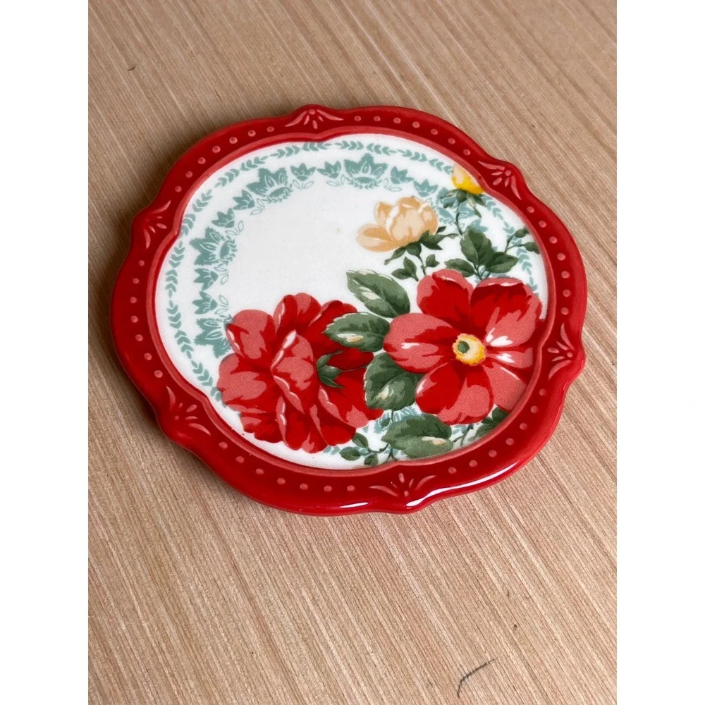 Pioneer Woman Stoneware Coaster Set/4 Floral Scalloped Edge Cork Back Farmhouse